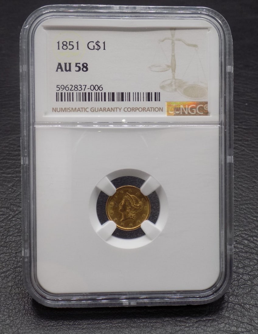 1851 one dollar gold coin graded AU58 by NGC (1 of 4)