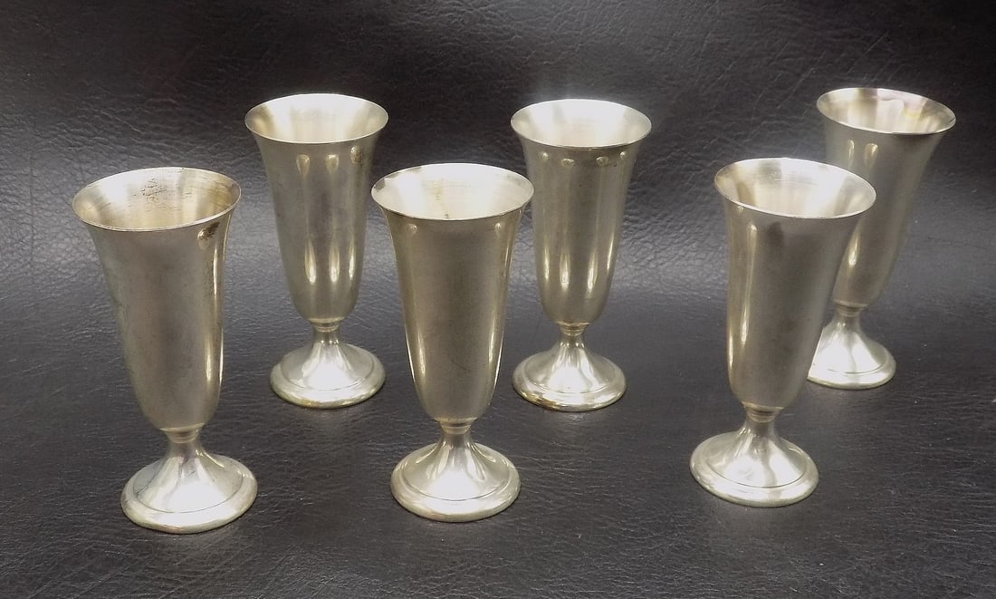 Six vintage sterling silver Alvin S247 Cordial Cups: Six vintage sterling silver Alvin S247 Cordial Cups. Marked as shown in photos. Beautiful colors. In very good original as found condition. Great quality and detail. 2 ¾ tall x 1 ¼ wide at