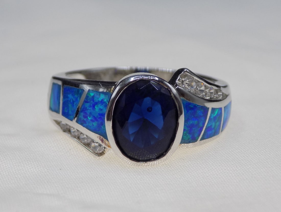 Beautiful 3 cwt blue sapphire and blue opal sterling silver ring (1 of 6)