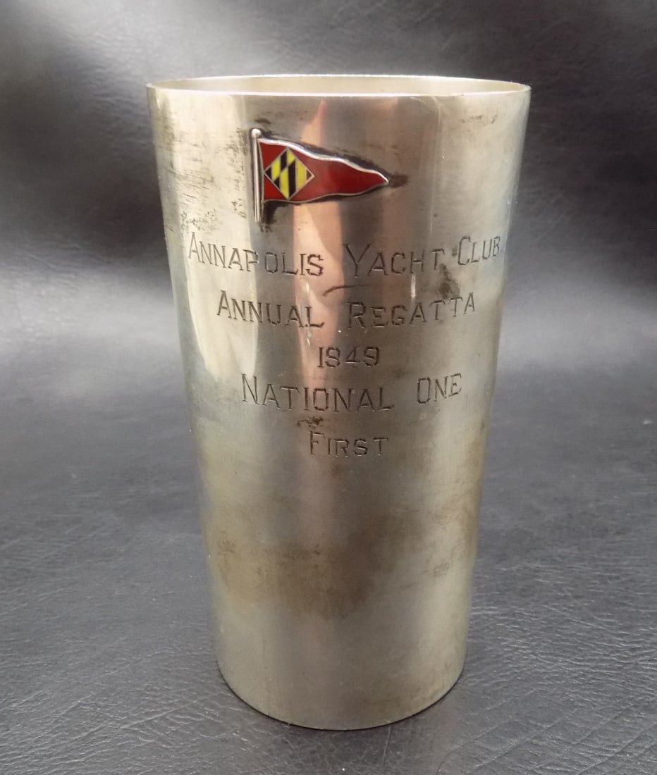 1949 sterling silver Annapolis Yacht Club Trophy First Place: 1949 sterling silver Annapolis Yacht Club Trophy First Place. 4 7/8 inches tall x 2 ¾ wide at top rim. Marked as shown in photo. 164.8 grams. In very good original as found condition. Great quali