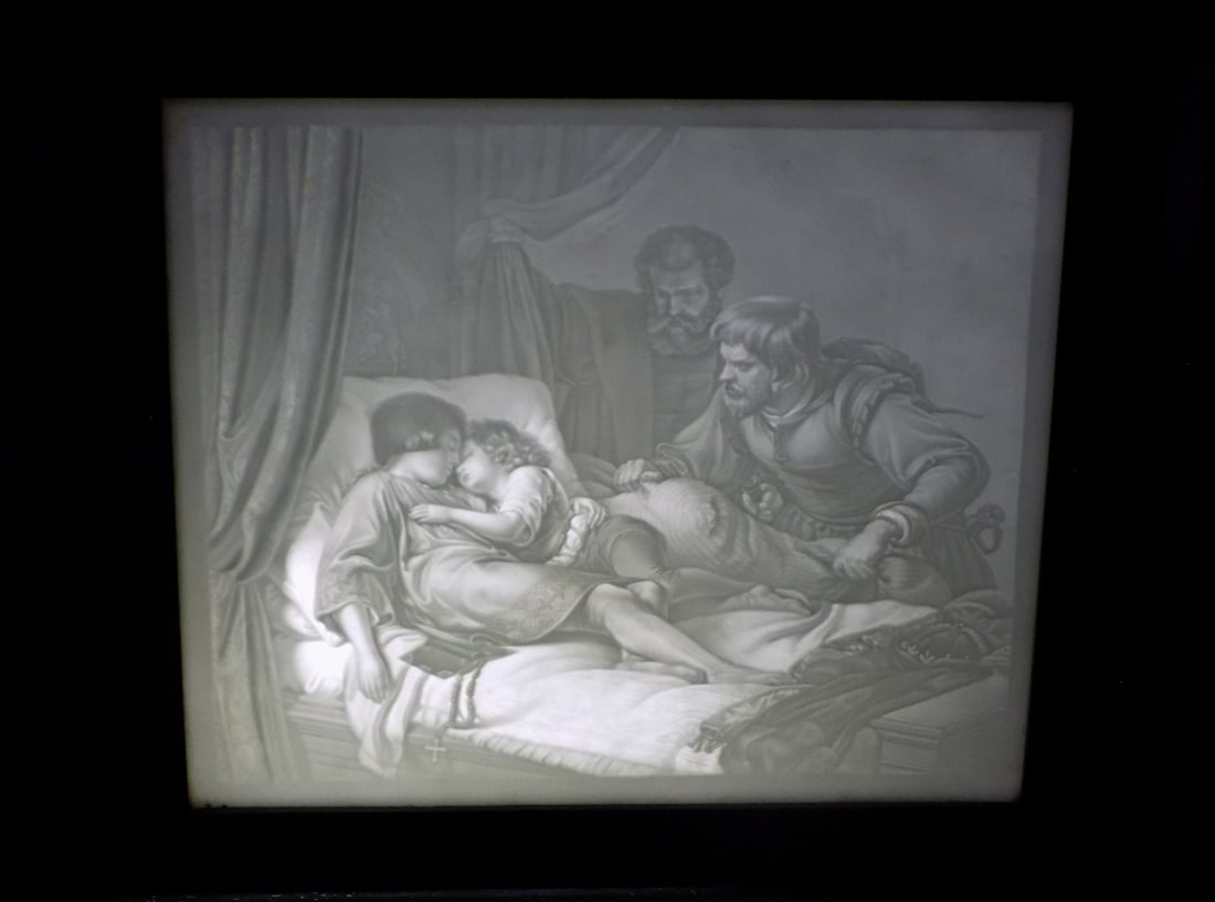 Magnificent large signed KPM lithophane in frame: Magnificent large signed KPM lithophane in frame. Classical scene with great detail. Signed lower right corner as shown in photo. With a scene from Shakespear Richard III, after the painting by Theodo
