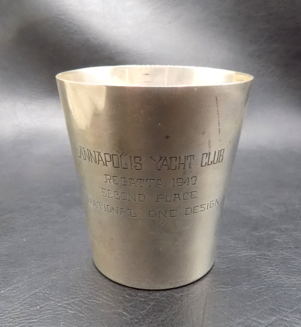 1947 sterling silver Annapolis Yacht Club Trophy Second Place: 1947 sterling silver Annapolis Yacht Club Trophy Second Place. 3 ¼ inches tall x 3 wide at top rim. Marked as shown in photo. 141.6 grams. In very good original as found condition. Great quality 