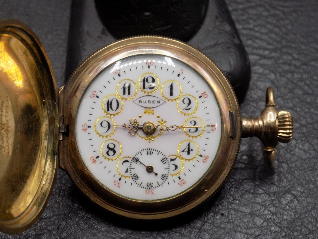 Antique hunting case gold filled pocket watch with fancy dial marked Buren. (1 of 5)