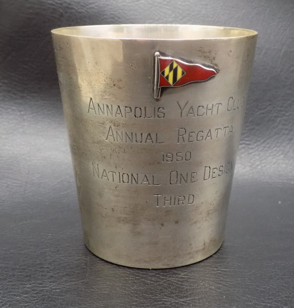 1950 sterling silver Annapolis Yacht Club Trophy Third Place: 1950 sterling silver Annapolis Yacht Club Trophy Third Place. 3 ¼ inches tall x 3 wide at top rim. Marked as shown in photo. 114.8 grams. In very good original as found condition. Great quality a