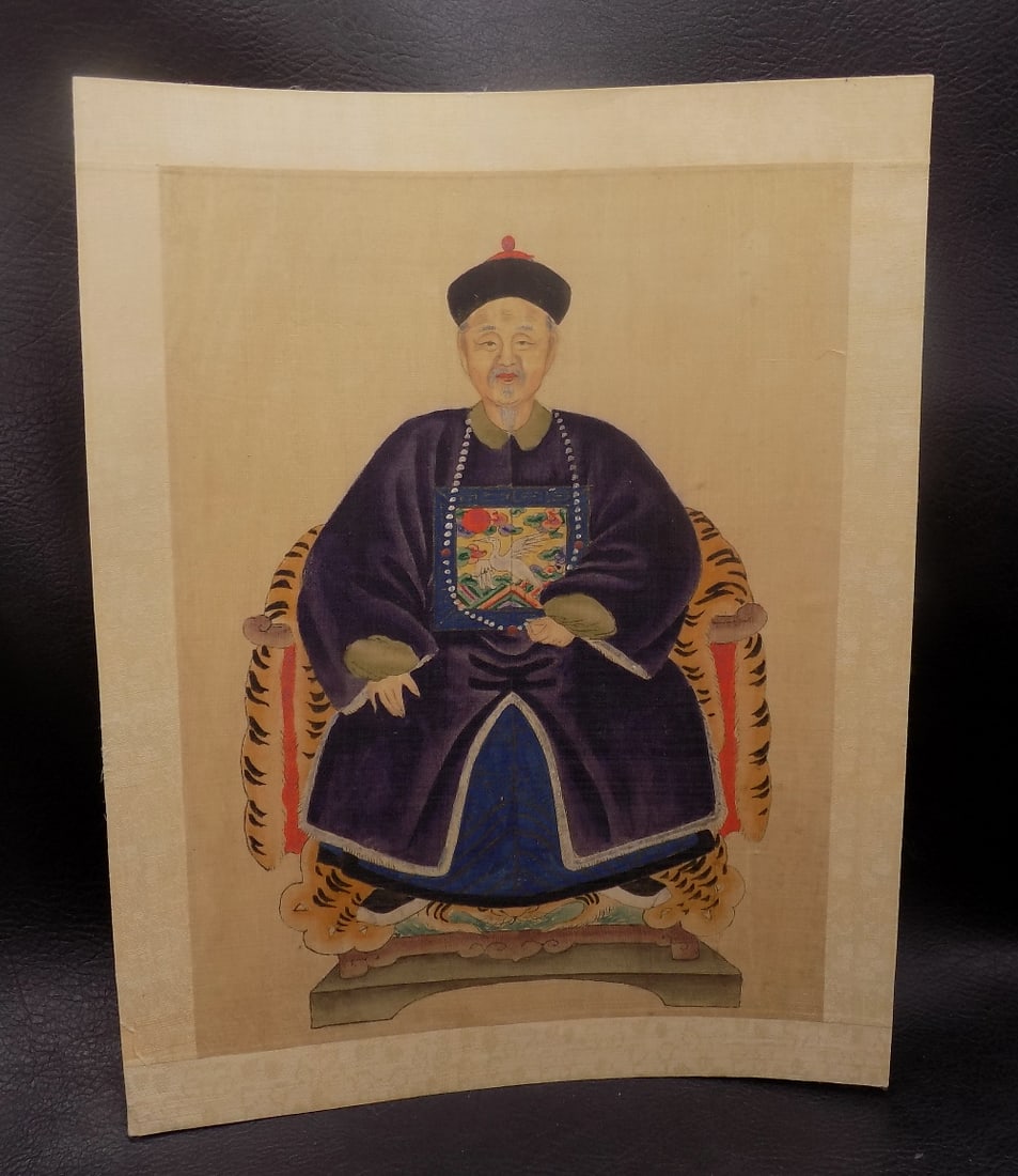 Antique hand painted Chinese Ancestor Portrait from Quing Dynasty: Antique hand painted Chinese Ancestor Portrait from Quing Dynasty. Looks like painting on silk. Beautiful colors. In very good original as found condition. Great quality and detail. Total size 10 
