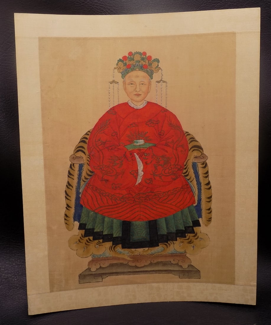 Antique hand painted Chinese Ancestor Portrait from Quing Dynasty: Antique hand painted Chinese Ancestor Portrait from Quing Dynasty. Looks like painting on silk. Beautiful colors. In very good original as found condition. Great quality and detail. Total size 10 