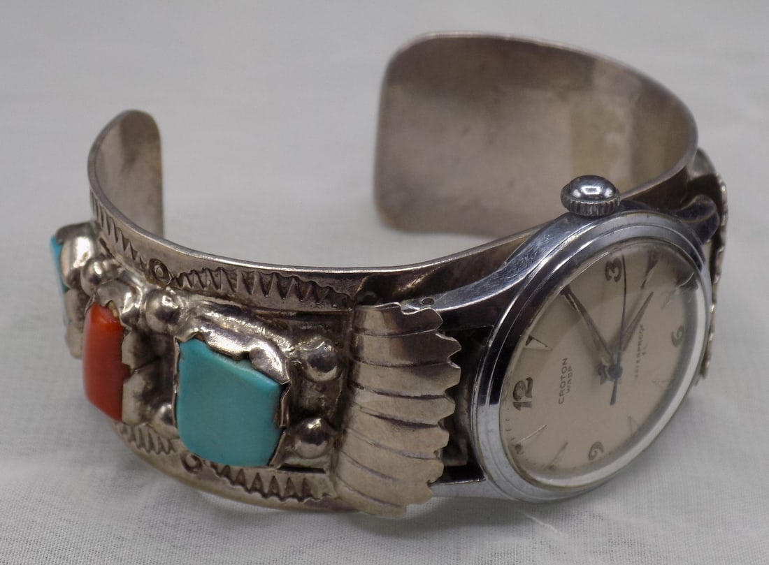 Vintage Native American Indian sterling silver turquoise and coral watch band: Vintage Native American Indian sterling silver turquoise and coral watch band. Artist signed as shown in photo. In very good original as found condition. Great quality and detail. Inside circumference