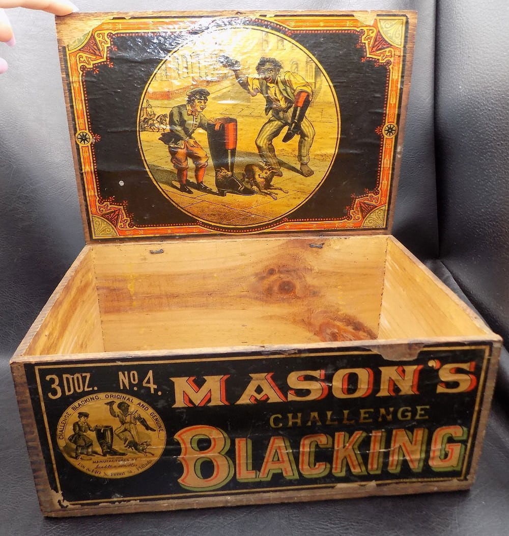 Wonderful vintage Black Americana Mason’s Blacking advertising wood box: Wonderful vintage Black Americana Mason’s Blacking advertising wood box. Show wear normal from age and use as shown in photos. Please see photos to judge condition. 11 ¼ x 7 3/4. 4 7/8 inch