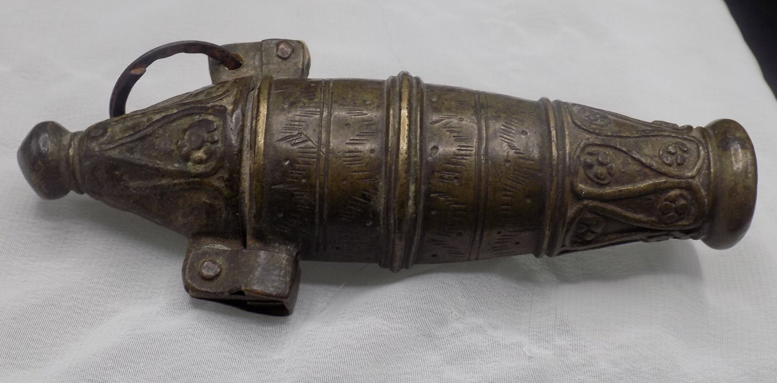 Antique decorated brass powder holder. (1 of 4)