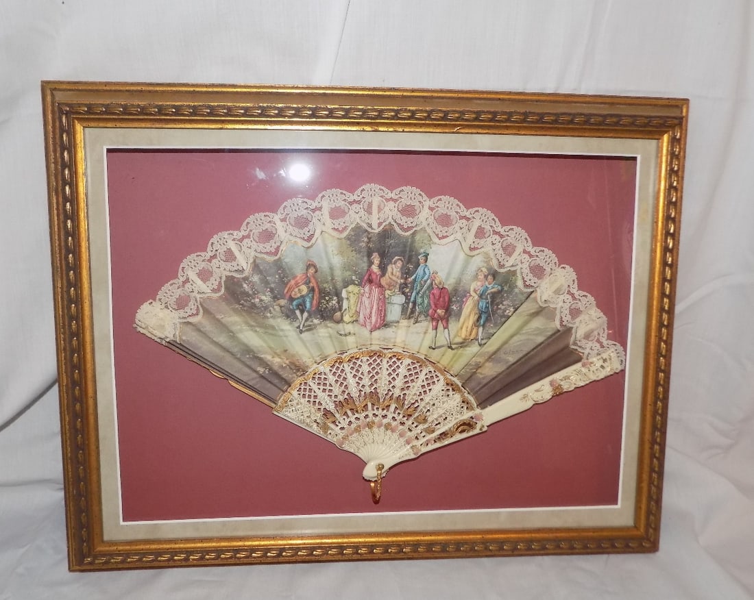 Antique Victorian highly decorated fan in shadow box frame: Antique Victorian highly decorated fan in shadow box frame. Fan is artist signed as shown in photo. Classical scene. Beautiful colors. In very good original as found condition. Great quality and detai
