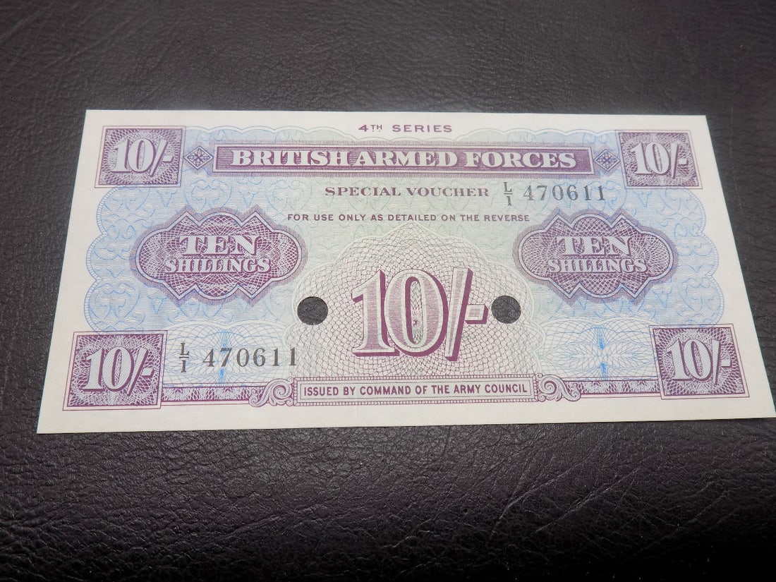 Rare 10 schilling specimen note of British military currency (1 of 4)