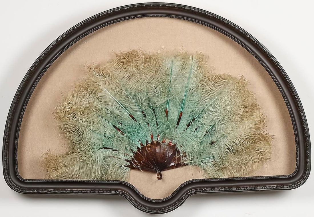 Extremely large Victorian decorated feather fan in high quality shadow box frame: Extremely large Victorian decorated feather fan in high quality shadow box frame. Beautiful colors. In very good original as found condition. Great quality and detail. Fan is 29 x 16 inches. Frame 40 