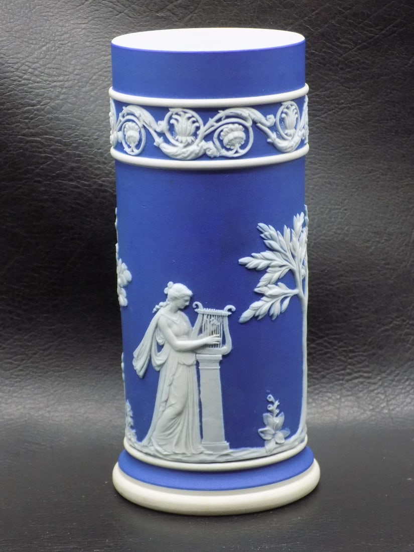 Vintage Wedgwood Jasperware vase with classical scene: Vintage Wedgwood Jasperware vase with classical scene. Marked on bottom as shown in photo. Beautiful colors. In very good original as found condition. Great quality and detail. 5 7/8 inches tall x 2 &