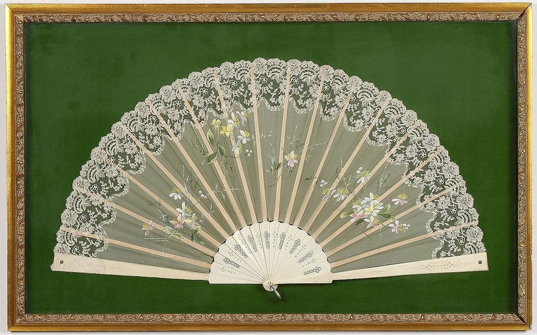 Fancy Victorian decorated fan in high quality wood shadow box frame: Fancy Victorian decorated fan in high quality wood shadow box frame. Open lace and hand painted. Beautiful colors. In very good original as found condition. Great quality and detail. Fan 26 ¼ x 1