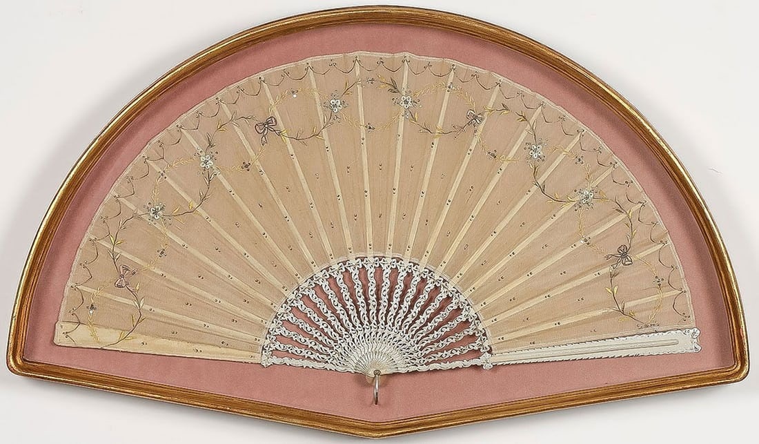 Fancy Victorian decorated fan in shadow box frame: Fancy Victorian decorated fan in shadow box frame. Embroidered. Beautiful colors. In very good original as found condition. Great quality and detail. Fan 26 x 13 ½. High quality frame 30 ½ x