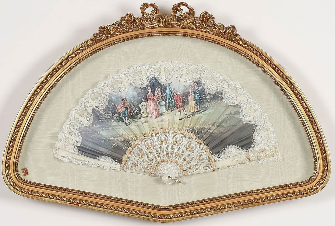 Fancy Victorian decorated fan with lace in shadow box frame (1 of 8)