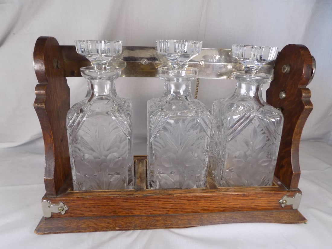 Antique Victorian tantalus with cut glass bottler in oak case (1 of 10)