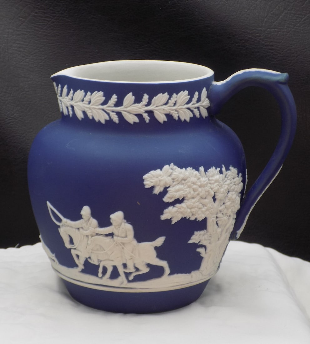 Vintage Jasperware pitcher hunt scene and horses.: Vintage Jasperware pitcher hunt scene and horses. Marked on bottom as shown in photos. Beautiful colors. In very good original as found condition. Great quality and detail. 5 ¼ inches tall. For i