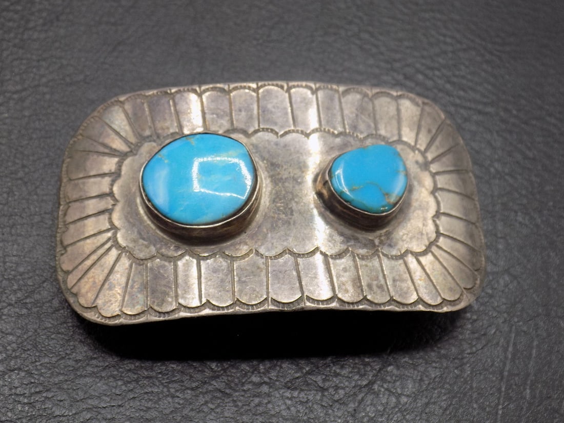 Native American Indian sterling silver and turquoise belt buckle (1 of 3)