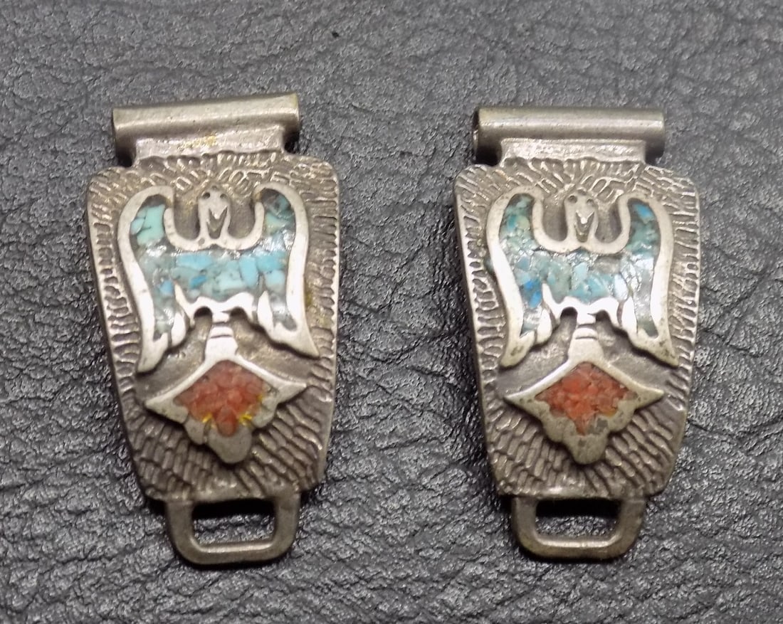 Vintage Native American Indian inlaid turquoise and coral sterling silver watch band: Vintage Native American Indian inlaid turquoise and coral sterling silver watch band. With inlaid eagle. Beautiful colors. In very good original as found condition. Great quality and detail. Each piec