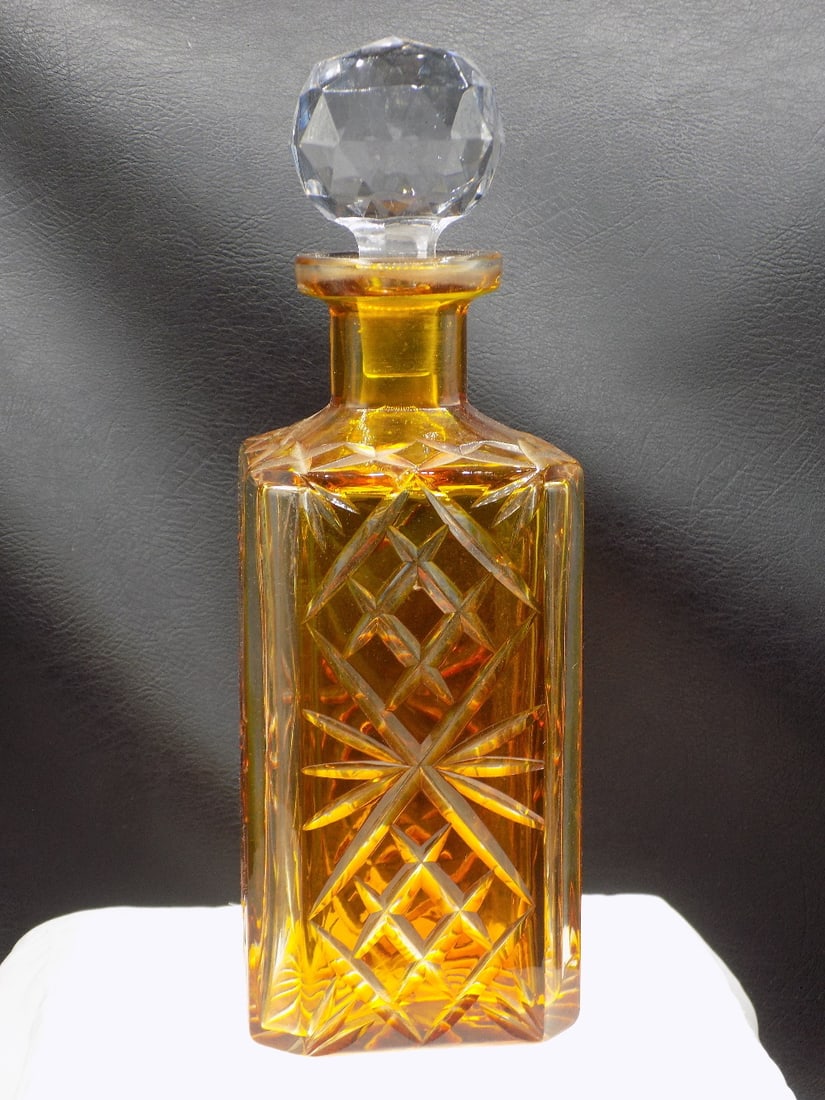 Vintage amber cut to clear art glass liquor decanter (1 of 5)