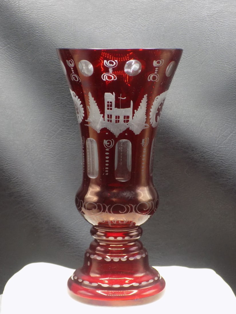 Vintage Bohemian cranberry cut to clear art glass vase (1 of 5)