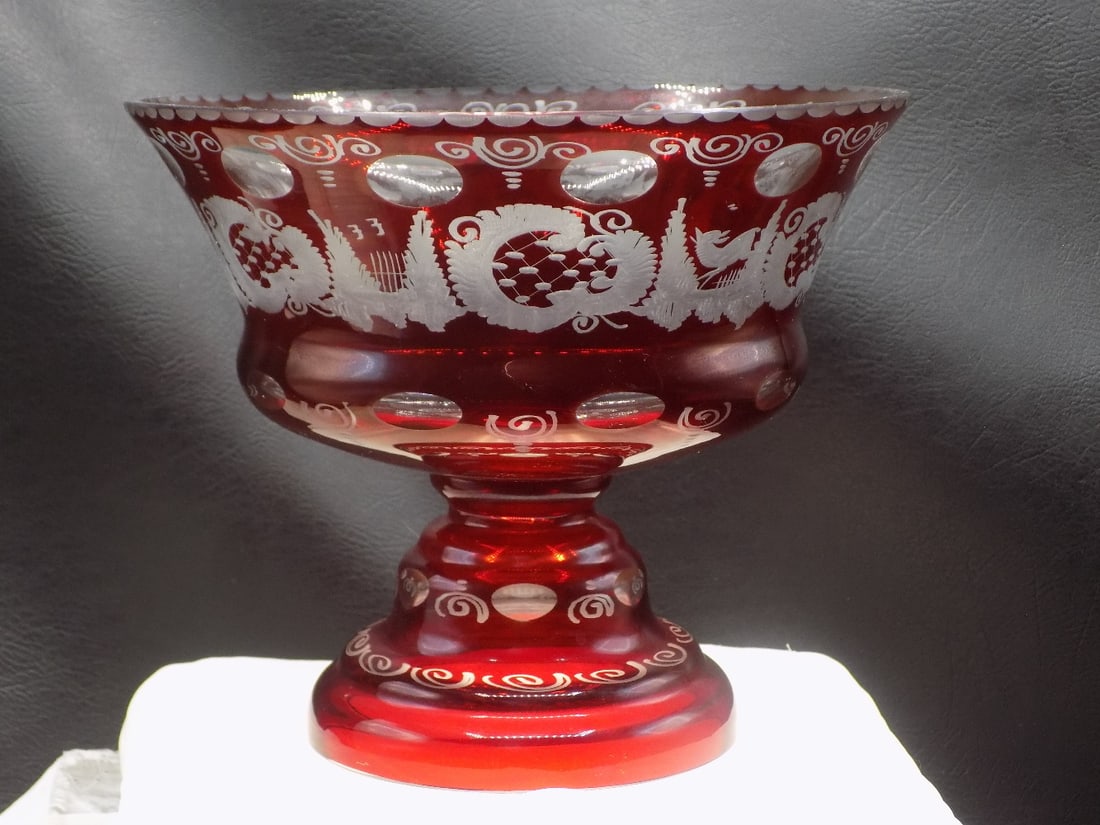 Large vintage Bohemian cranberry cut to clear art glass pedestal bowl (1 of 6)