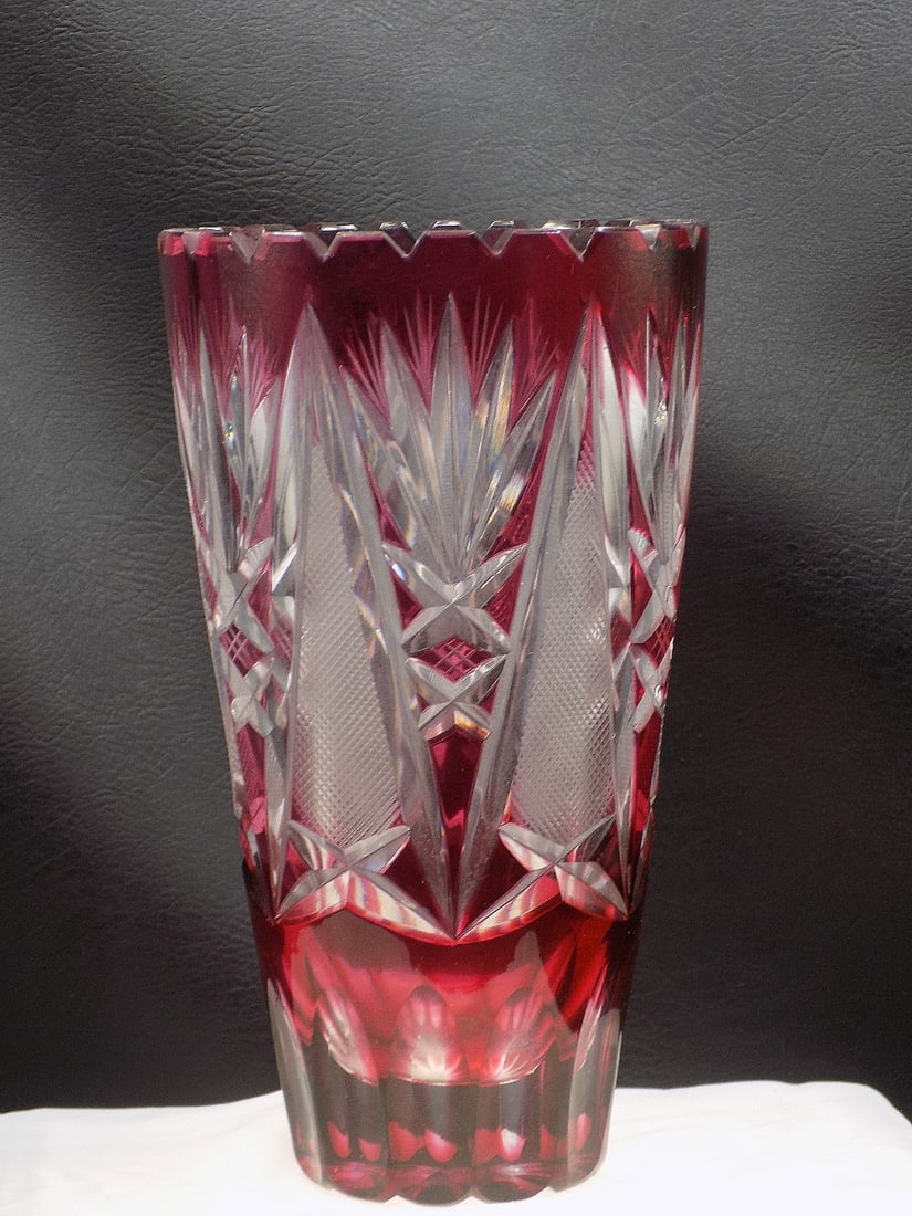 Midcentury cranberry cut to clear art glass vase (1 of 6)
