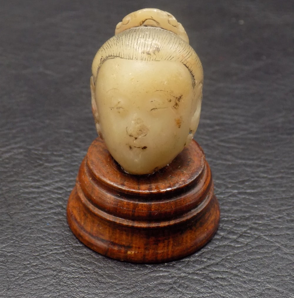 Antique Oriental carved white jade or onyx head on wood base (1 of 5)