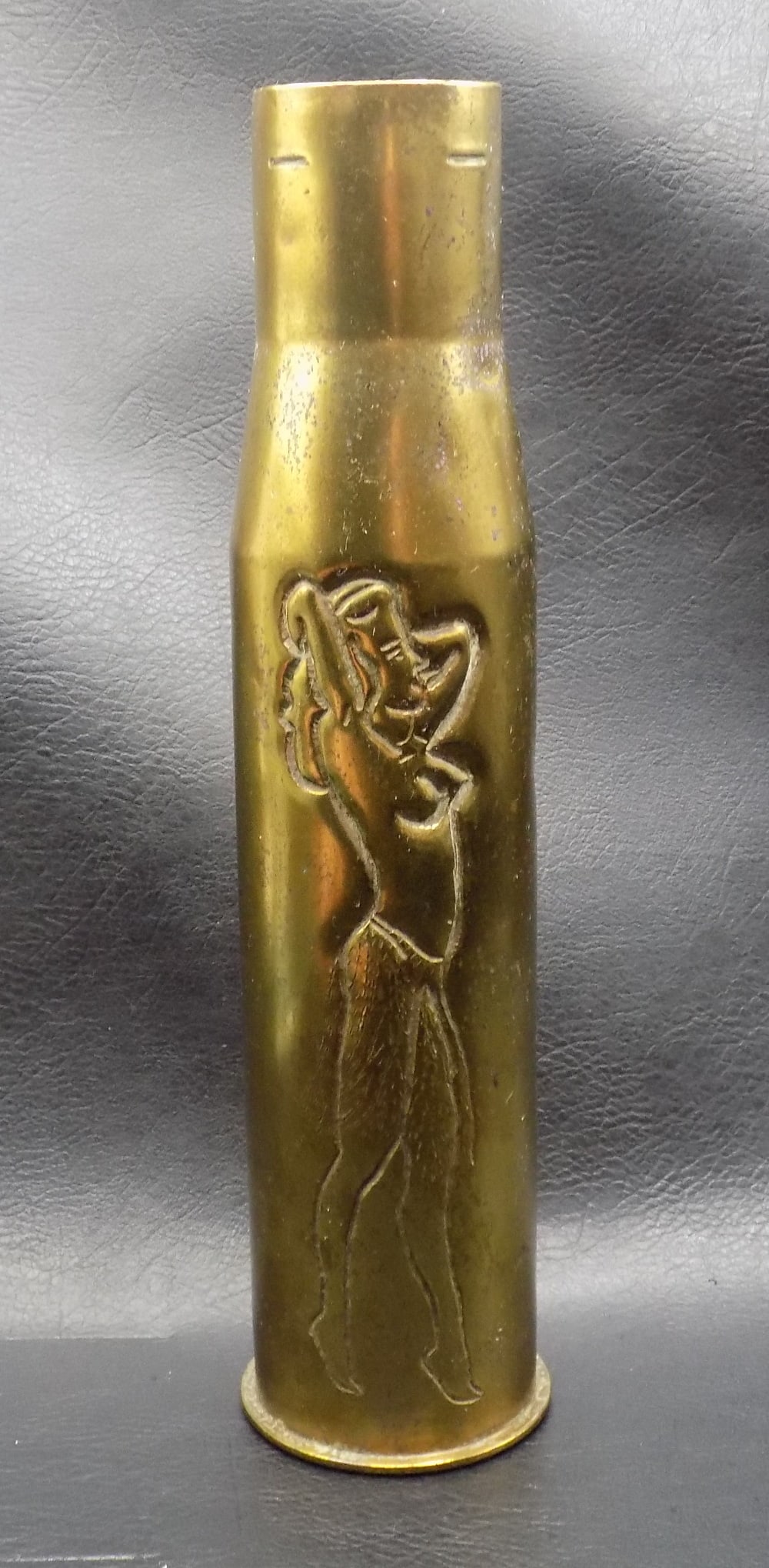 Vintage Trench art large shell casing with nude (1 of 2)