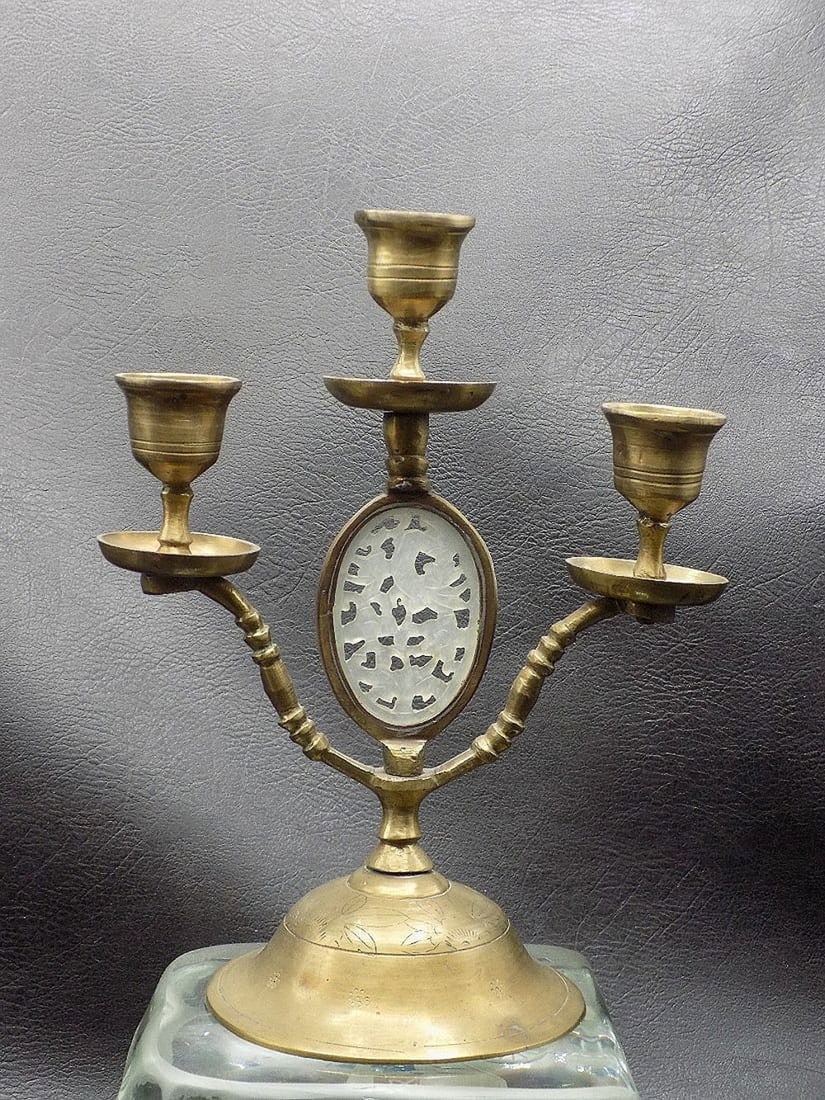 Vintage Oriental carved jade insert brass candlestick (1 of 5)