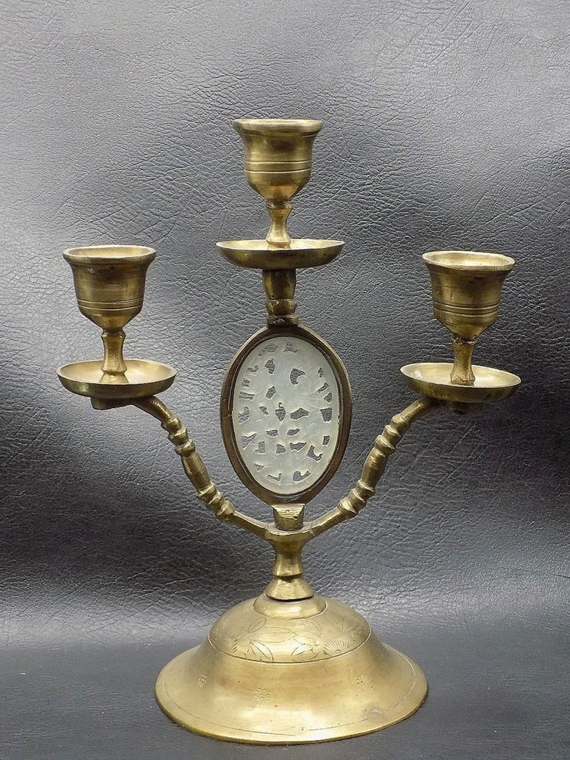 Vintage Oriental carved jade insert brass candlestick - 2