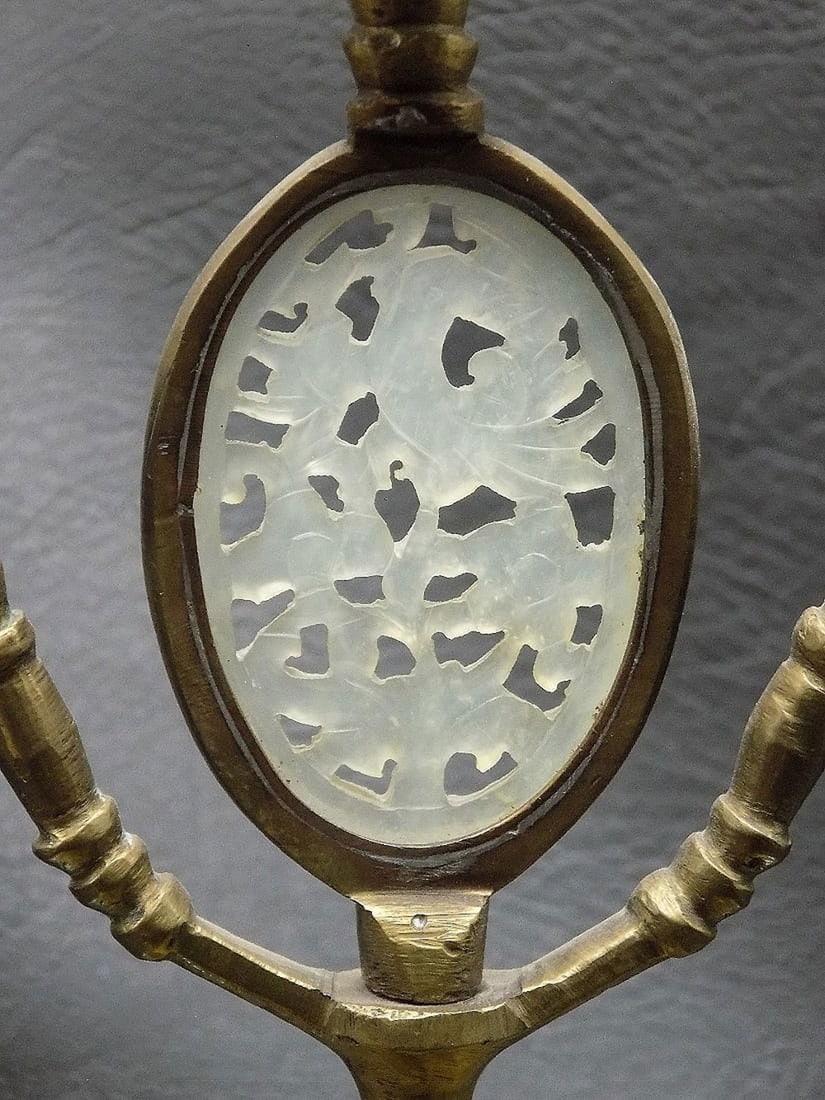 Vintage Oriental carved jade insert brass candlestick - 3