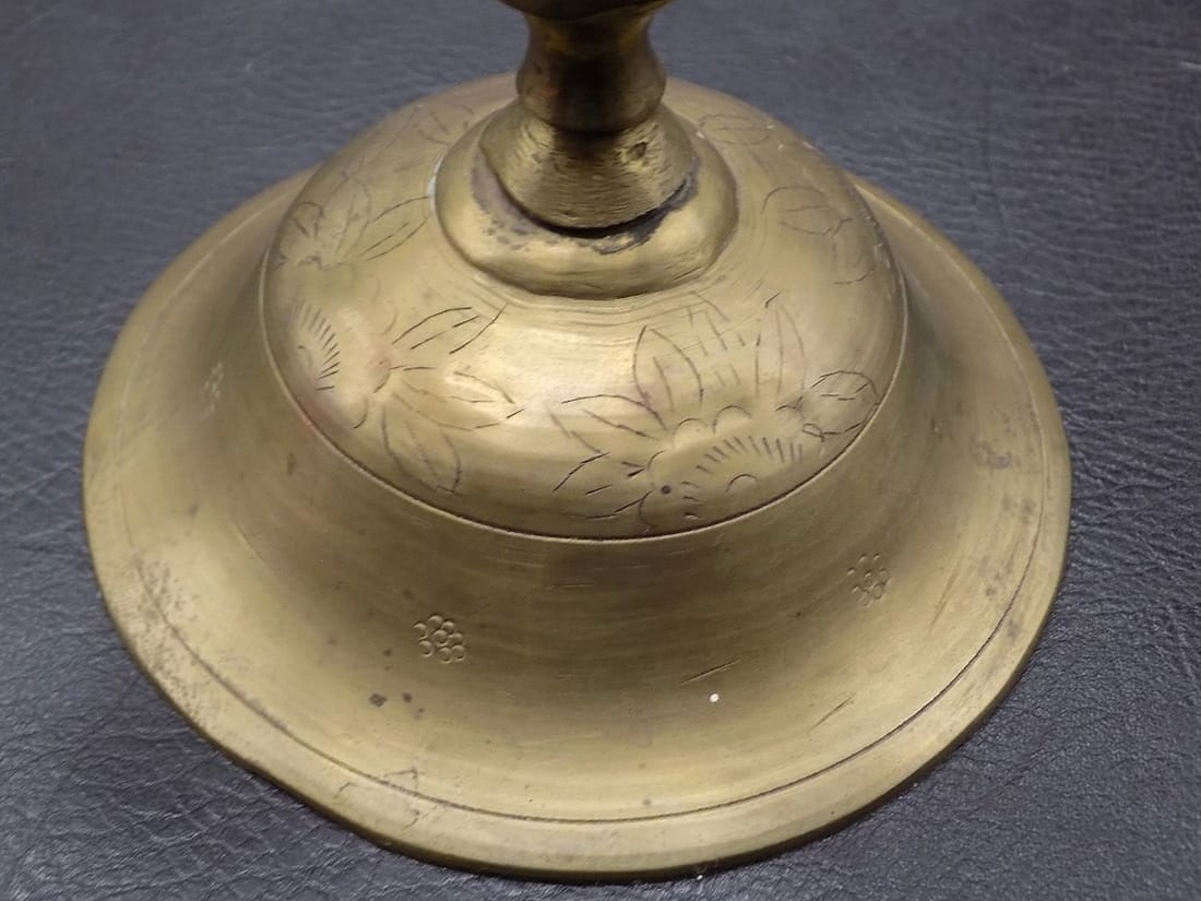 Vintage Oriental carved jade insert brass candlestick - 4