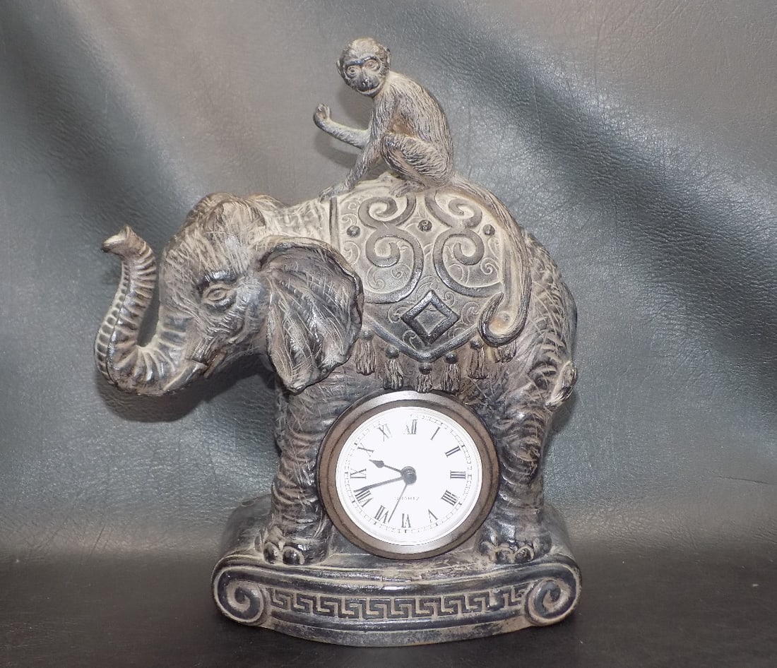 Unusual cast metal clock with monkey riding elephant - 2