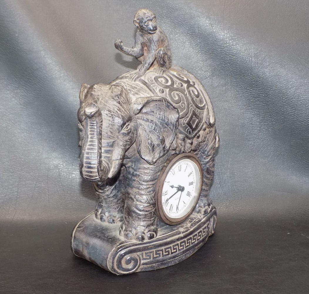 Unusual cast metal clock with monkey riding elephant - 4