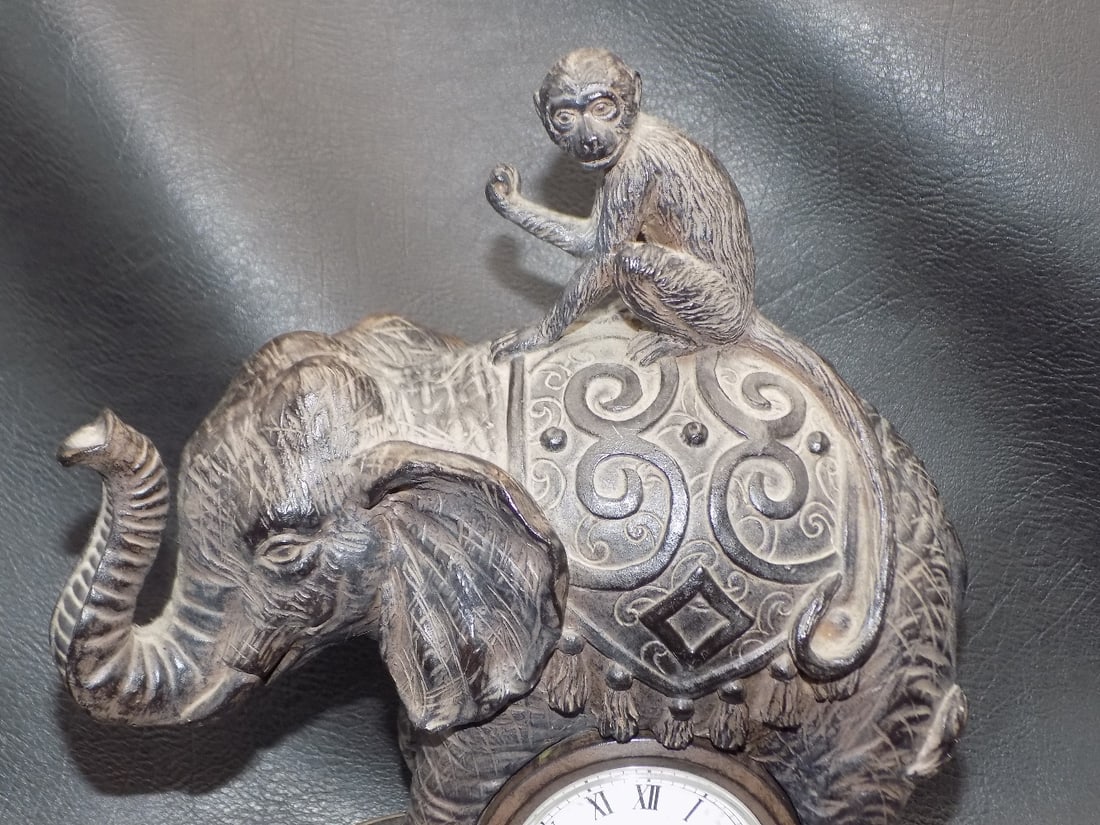 Unusual cast metal clock with monkey riding elephant - 6