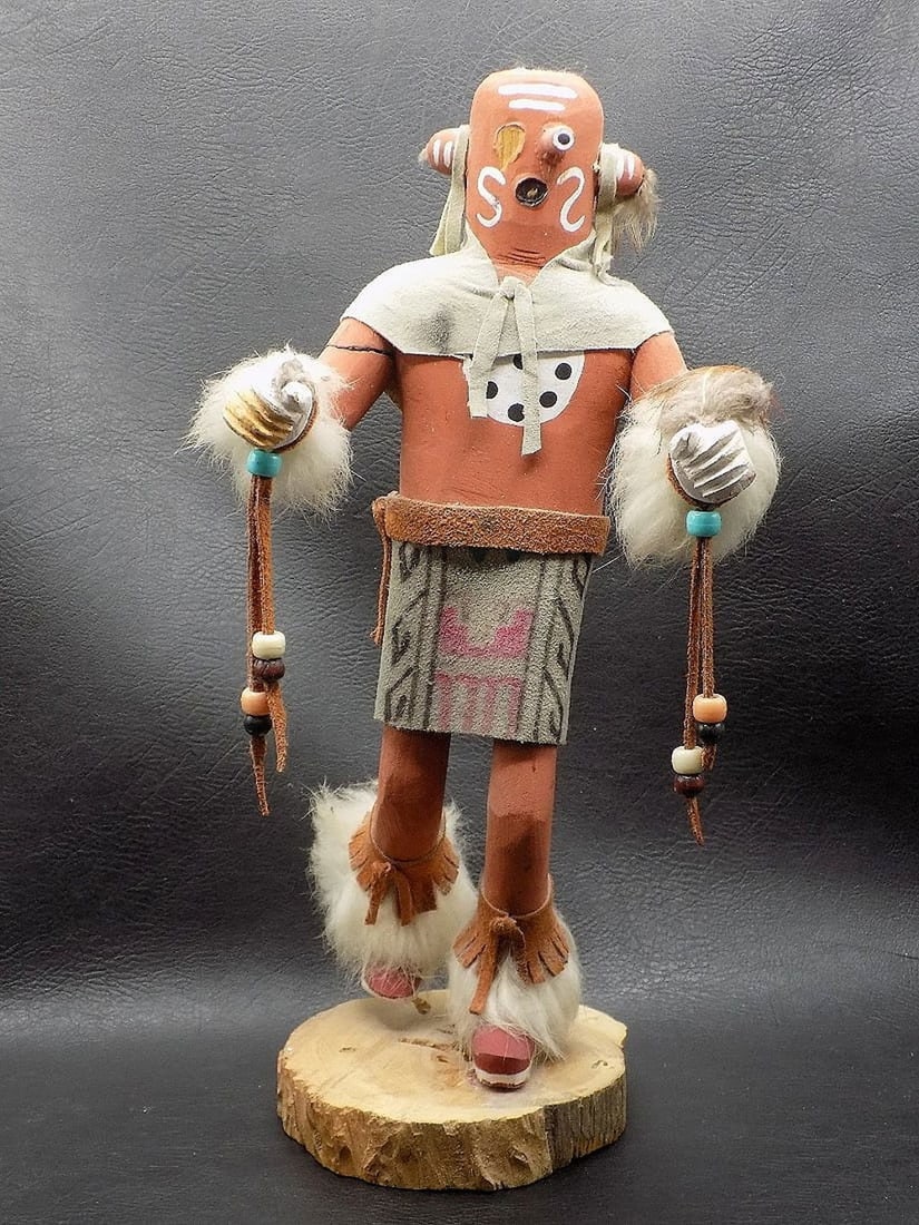 Vintage Native American Indian artist signed Mud Head Kachina doll: Vintage Native American Indian artist signed Mud Head Kachina doll. Beautiful colors. Marked on bottom as shown in photos. Great quality and detail. 11 ½ inches tall. 11 ounces. For in house ship
