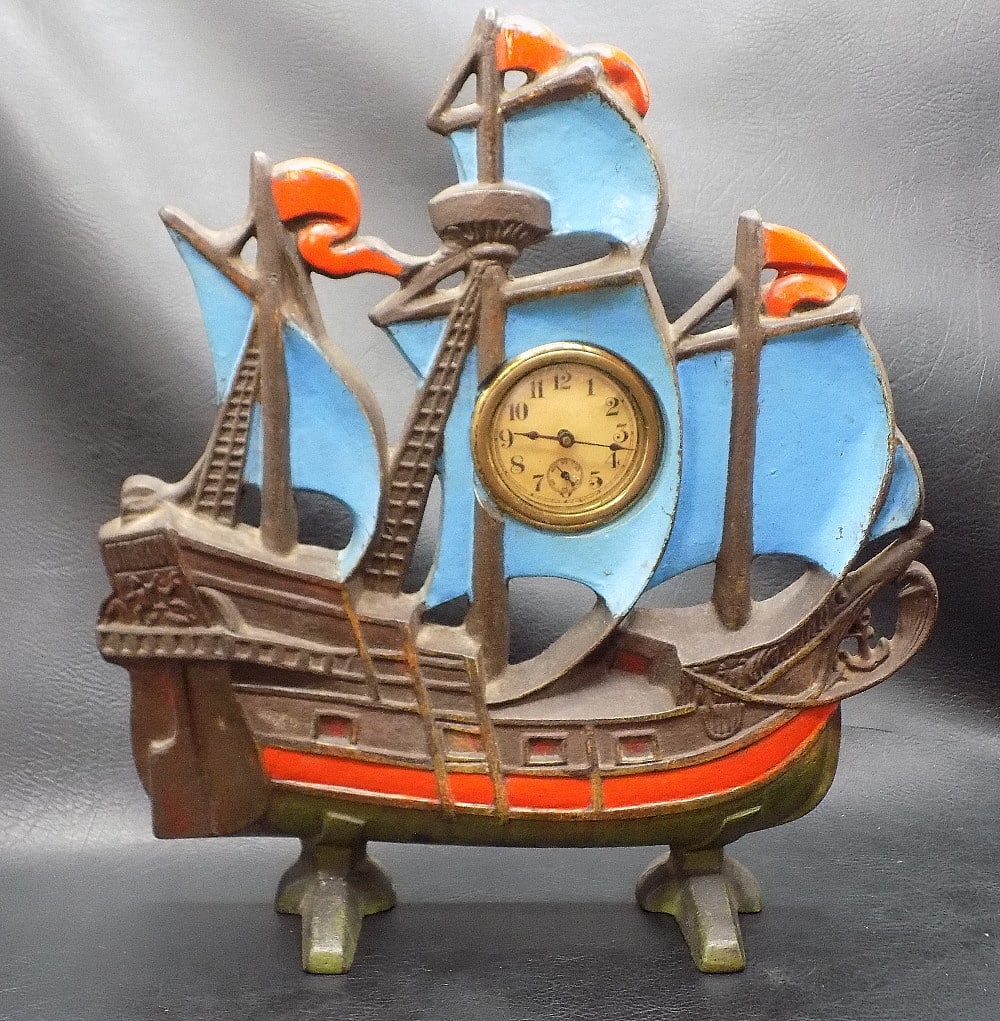 Antique cast iron ship with clock - 2