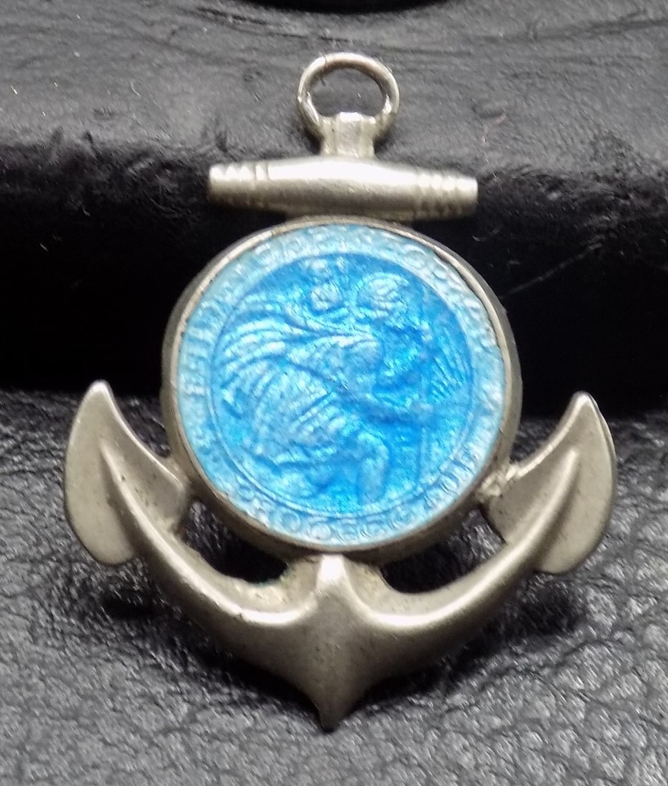 Sterling silver guilloche enamel anchor pendant of St. Christopher by Charles Thomae: Sterling silver guilloche enamel anchor pendant of St. Christopher by Charles Thomae. Marked on back as shown in photo. In very good original as found condition. Great quality and detail. 1 inch tall.