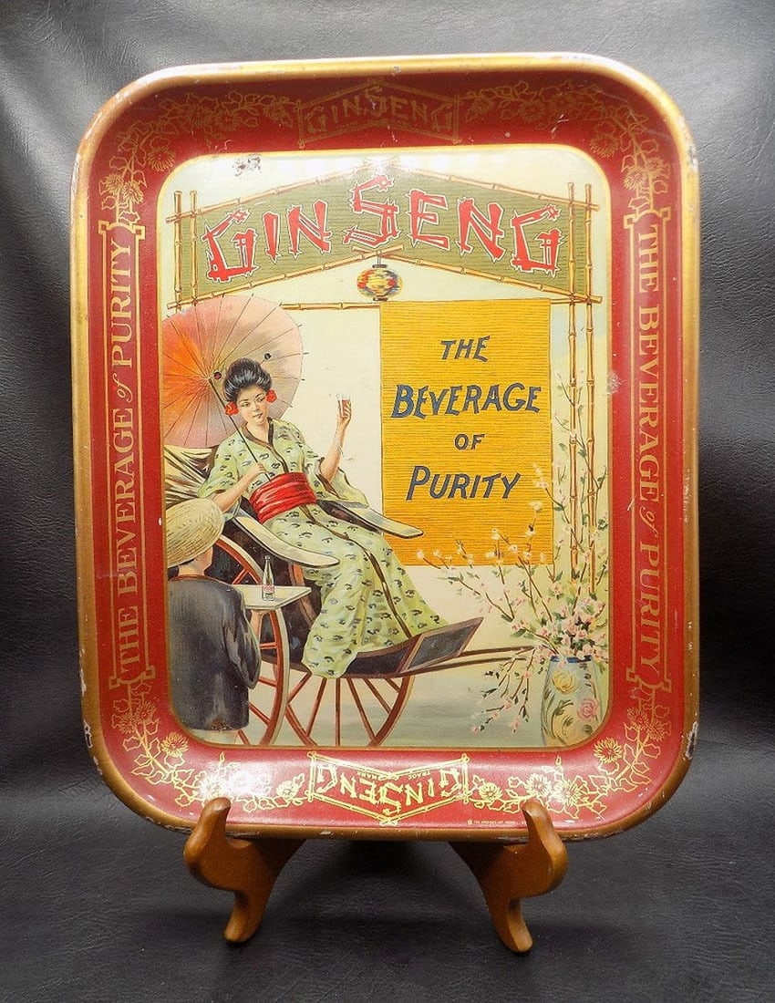 Colorful vintage advertising metal tray Gin Seng (1 of 4)
