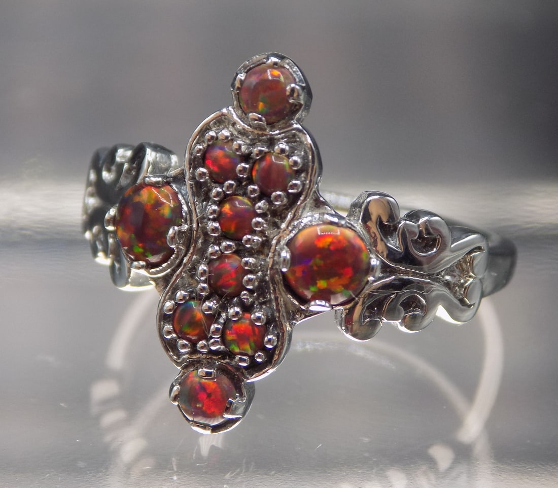 Beautiful red fire opal sterling silver ring - 2