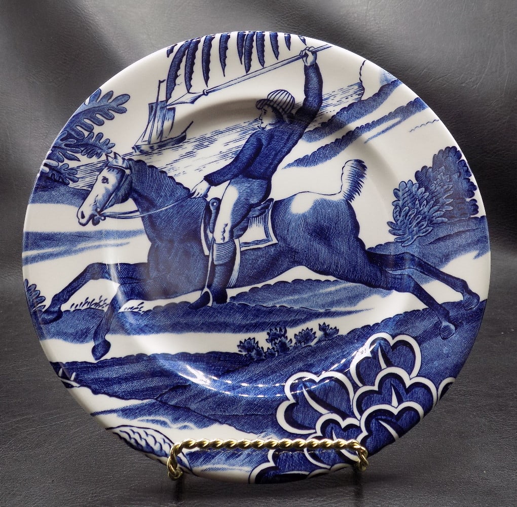 Vintage Tiffany blue and white plate: Vintage Tiffany blue and white plate. Horse and jockey. Marked on back as shown in photo. Beautiful colors. In very good original as found condition. Great quality and detail. 7 ¾ wide. 12 ounces