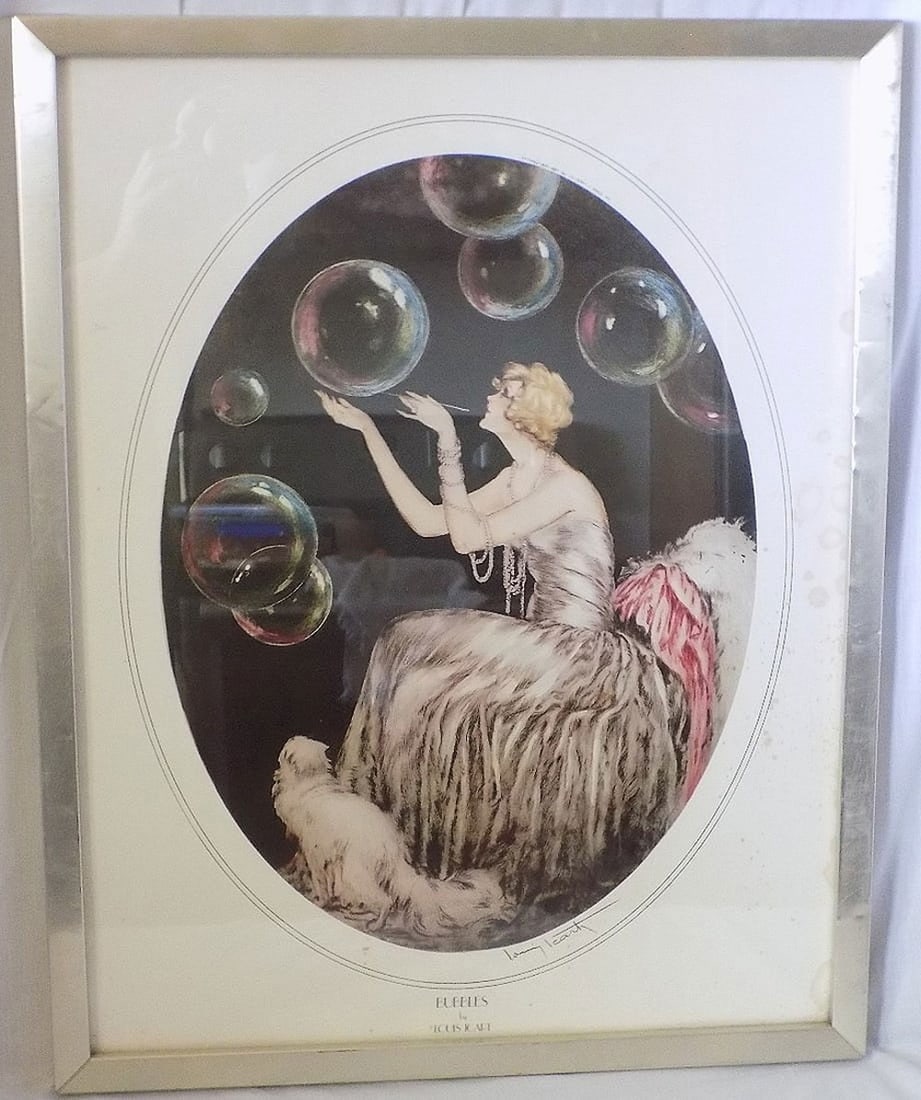 Beautiful vintage Louis Icart Bubbles etching: Beautiful vintage Louis Icart Bubbles etching. Marked as shown in photos. Has some foxing on matting as shown In photos. In good as found condition as shown in photos. Frame 19 ¼ x 15 ¼.