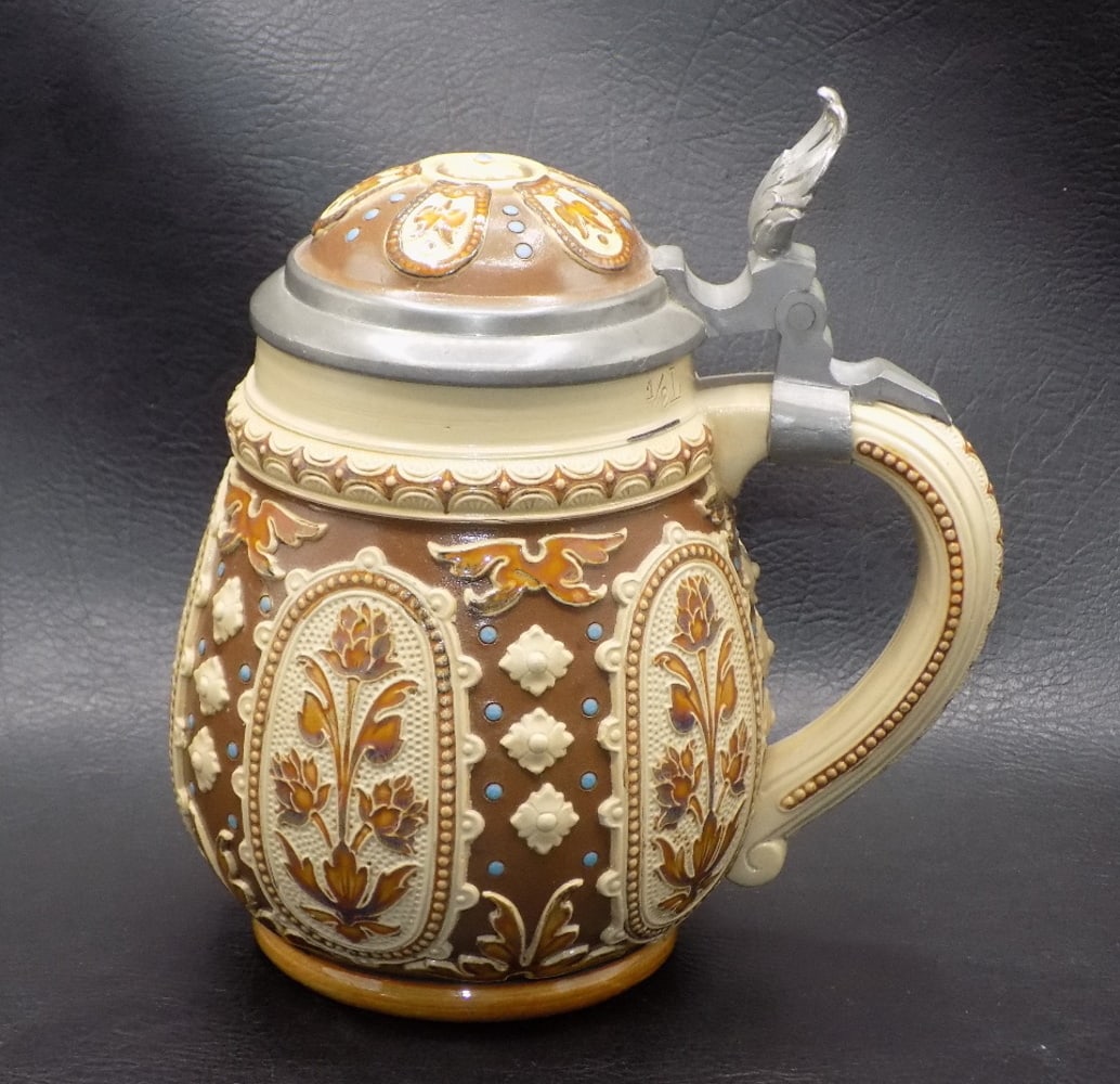 Vintage Mettlach German beer stein with three dimensional decoration (1 of 8)