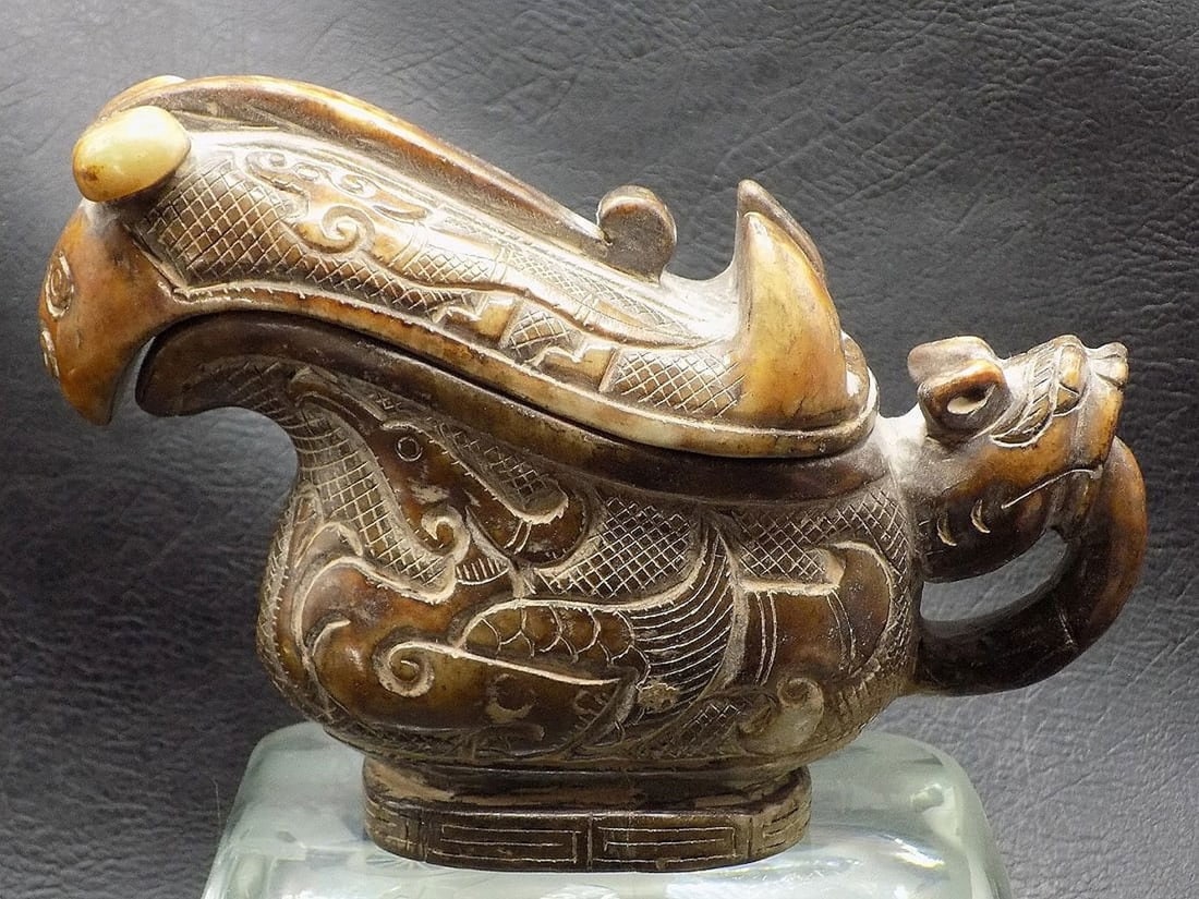Exceptional antique hand carved hard stone Oriental covered jar or pitcher (1 of 12)