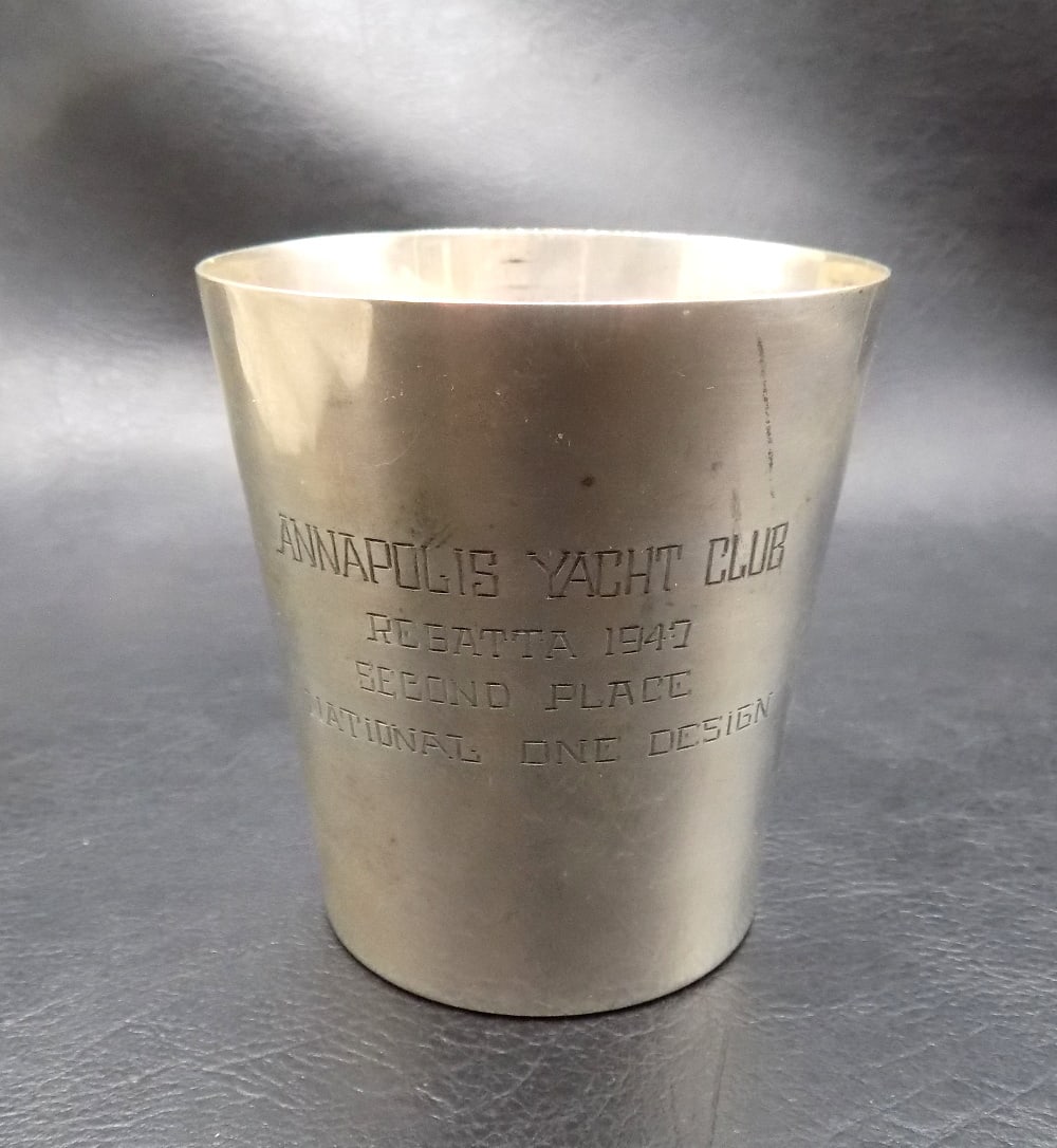 1947 sterling silver Annapolis Yacht Club Trophy Second Place: 1947 sterling silver Annapolis Yacht Club Trophy Second Place. 3 ¼ inches tall x 3 wide at top rim. Marked as shown in photo. 141.6 grams. In very good original as found condition. Great quality 