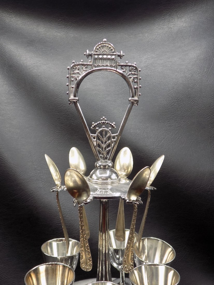 Fancy antique Victorian silverplated egg cruet serving set - 2