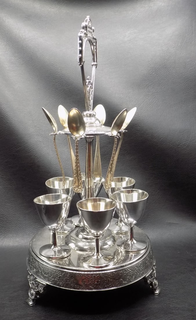 Fancy antique Victorian silverplated egg cruet serving set - 3