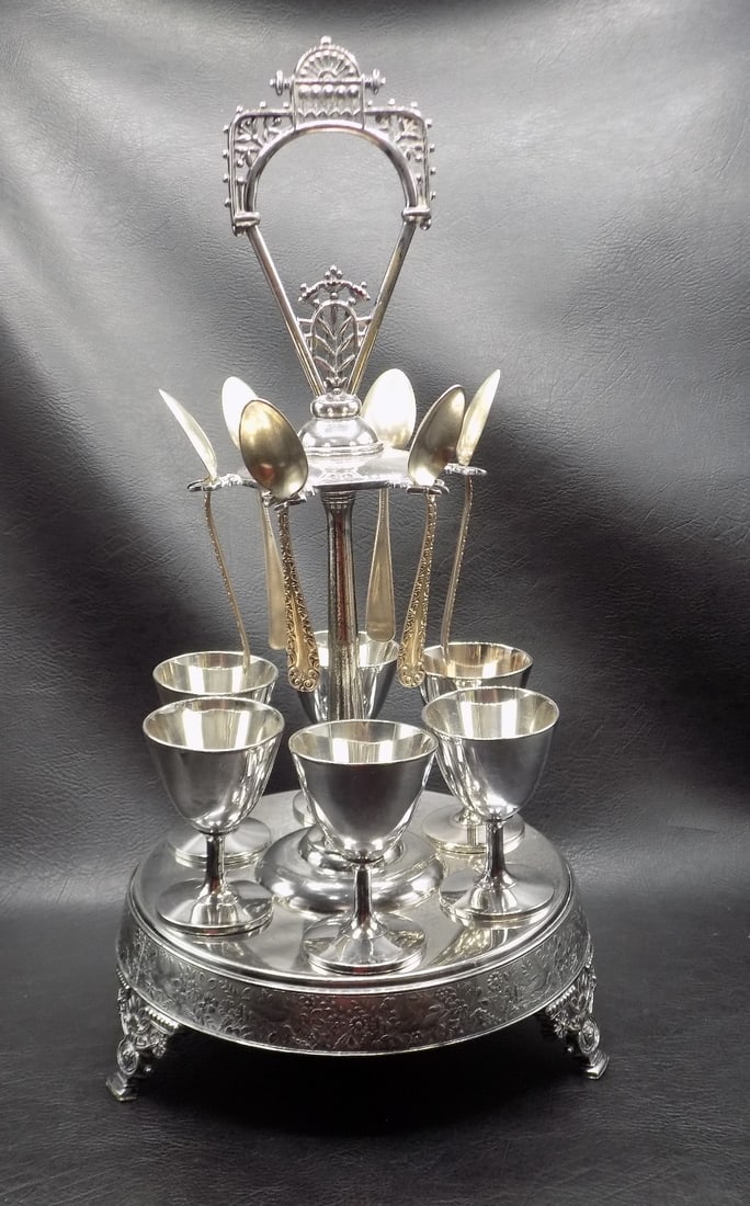 Fancy antique Victorian silverplated egg cruet serving set - 4